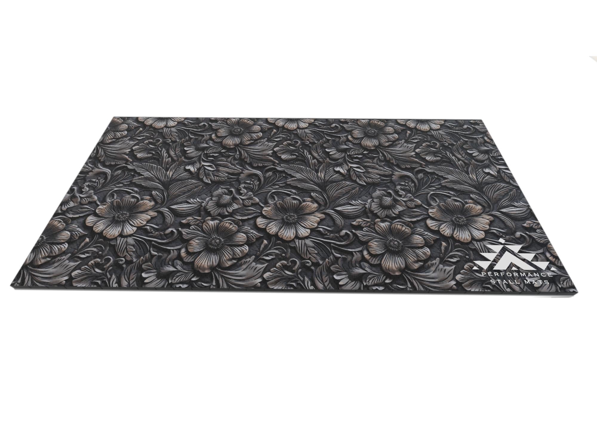 Performance Stall Mat 5 by 10 Black floral-patterned mat with a brand logo on a white background